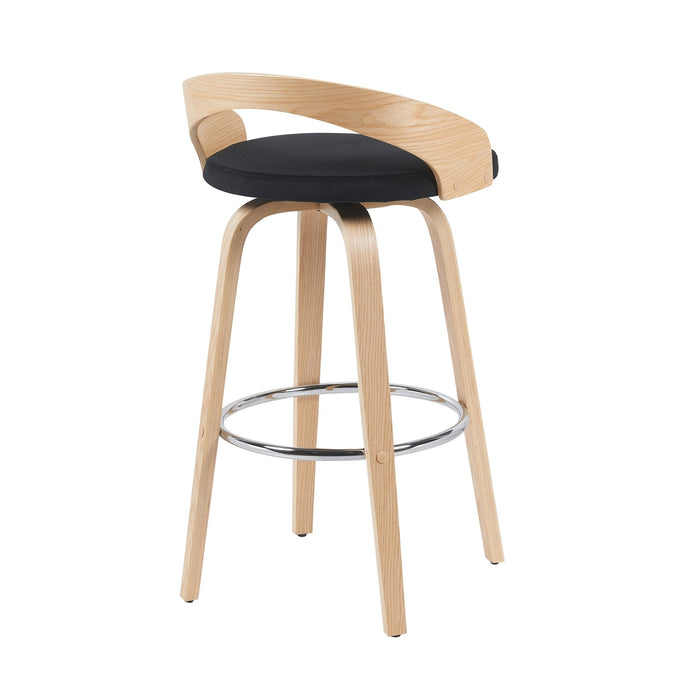 Sonia Modern Swivel Bar Height Stool with Black Upholstered Seat and Patterned Oak Wood Finish