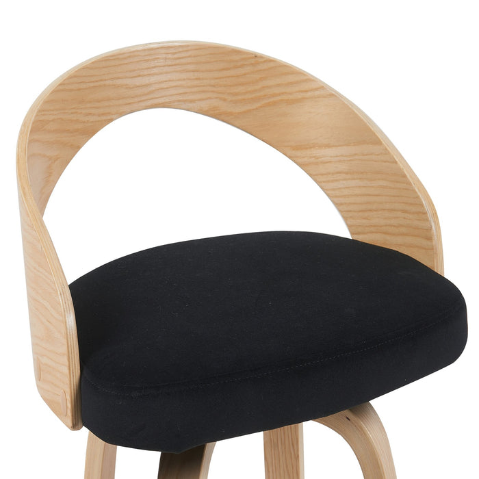 Sonia Modern Swivel Bar Height Stool with Black Upholstered Seat and Patterned Oak Wood Finish