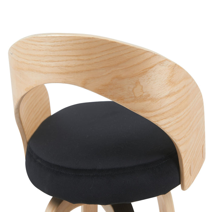Sonia Modern Swivel Bar Height Stool with Black Upholstered Seat and Patterned Oak Wood Finish