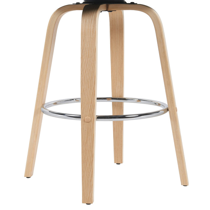Sonia Modern Swivel Bar Height Stool with Black Upholstered Seat and Patterned Oak Wood Finish