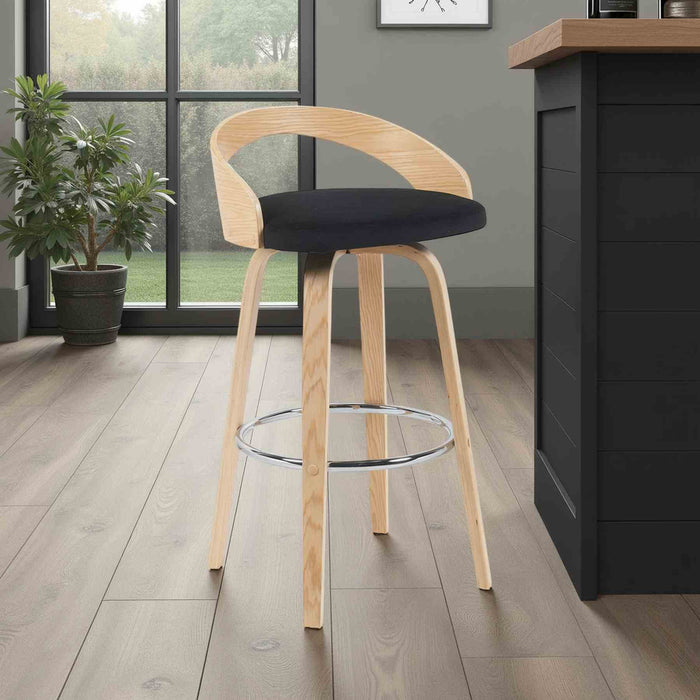 Sonia Modern Swivel Bar Height Stool with Black Upholstered Seat and Patterned Oak Wood Finish
