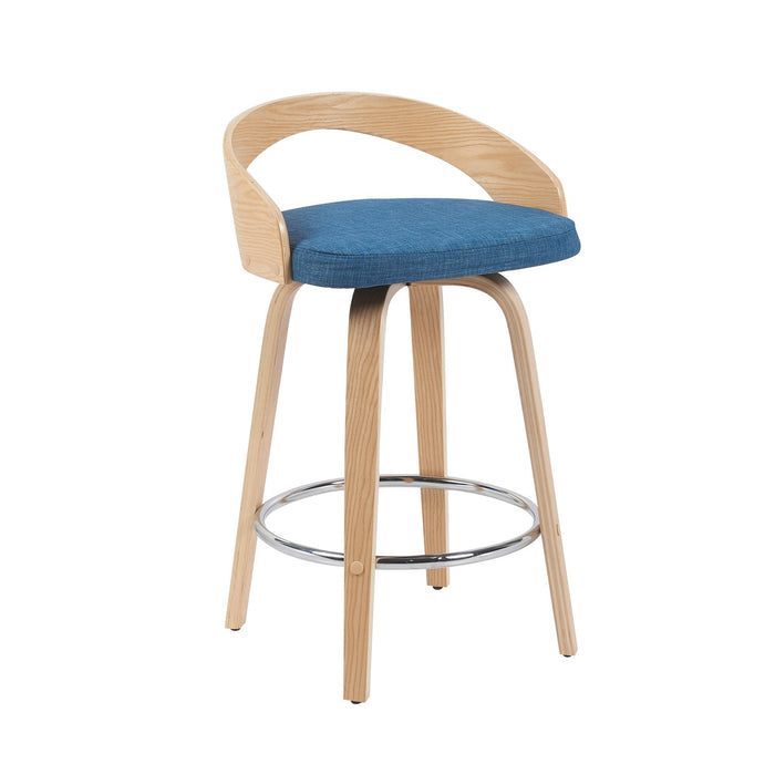 Sonia Modern Swivel Counter Height Bar Stool with Blue Upholstered Seat and Patterned Oak Wood Finish