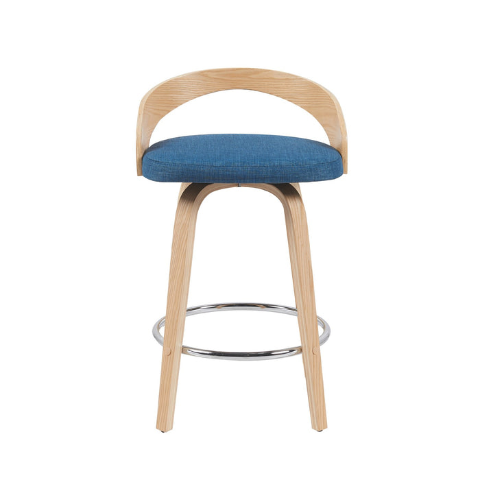 Sonia Modern Swivel Counter Height Bar Stool with Blue Upholstered Seat and Patterned Oak Wood Finish