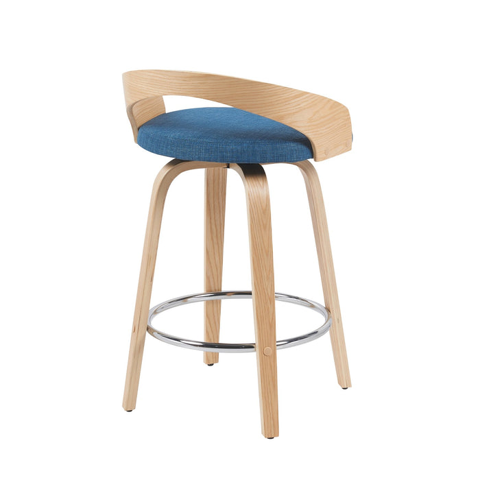 Sonia Modern Swivel Counter Height Bar Stool with Blue Upholstered Seat and Patterned Oak Wood Finish