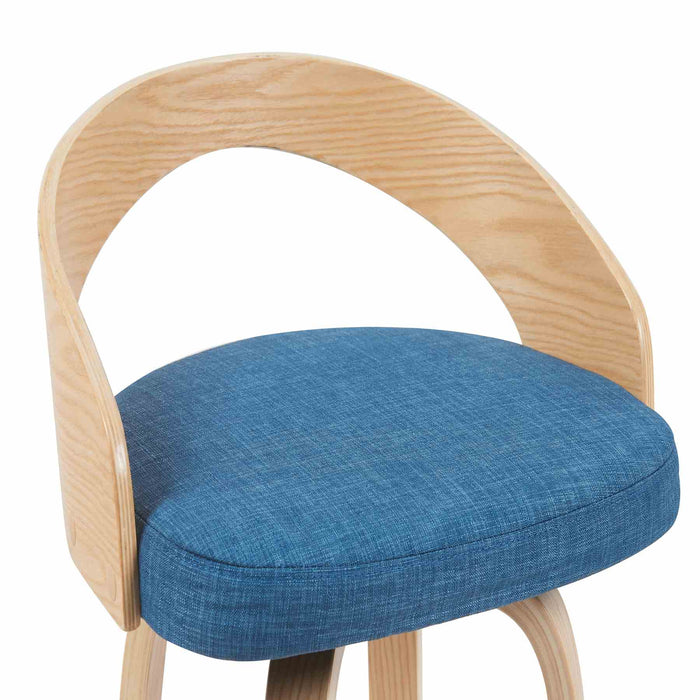 Sonia Modern Swivel Counter Height Bar Stool with Blue Upholstered Seat and Patterned Oak Wood Finish