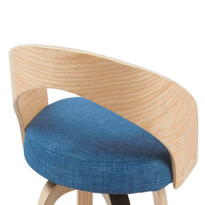 Sonia Modern Swivel Counter Height Bar Stool with Blue Upholstered Seat and Patterned Oak Wood Finish