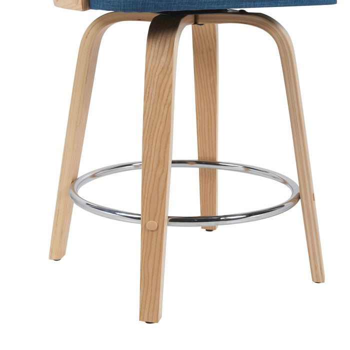 Sonia Modern Swivel Counter Height Bar Stool with Blue Upholstered Seat and Patterned Oak Wood Finish
