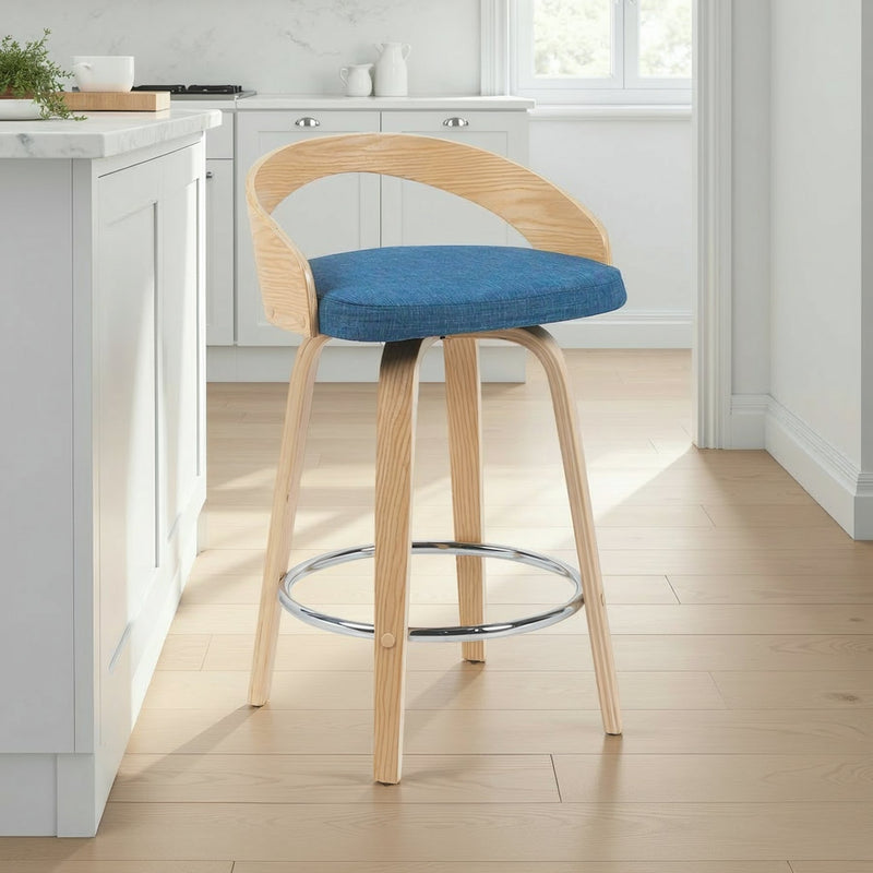 Sonia Modern Swivel Counter Height Bar Stool with Blue Upholstered Seat and Patterned Oak Wood Finish - Furniture City (CA)l