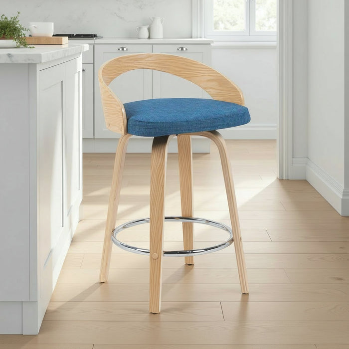 Sonia Modern Swivel Counter Height Bar Stool with Blue Upholstered Seat and Patterned Oak Wood Finish