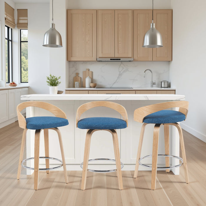 Sonia Modern Swivel Counter Height Bar Stool with Blue Upholstered Seat and Patterned Oak Wood Finish