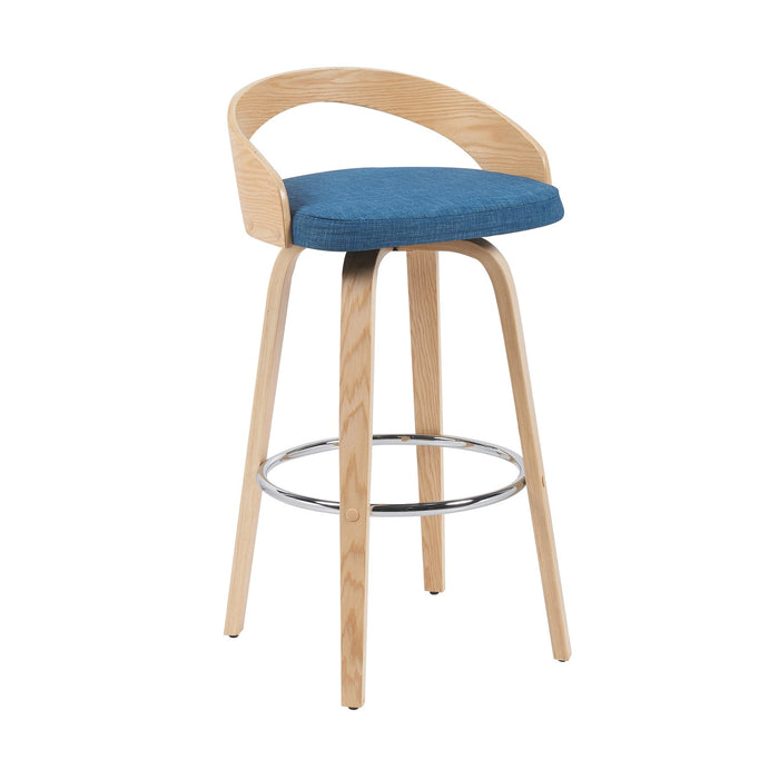 Sonia Modern Swivel Bar Height Stool with Blue Upholstered Seat and Patterned Oak Wood Finish
