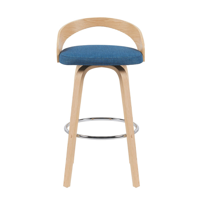Sonia Modern Swivel Bar Height Stool with Blue Upholstered Seat and Patterned Oak Wood Finish