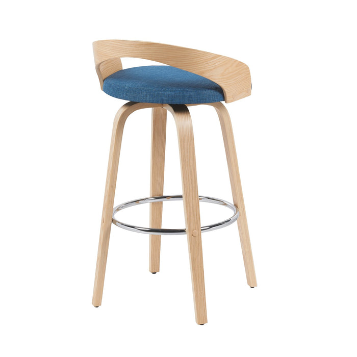 Sonia Modern Swivel Bar Height Stool with Blue Upholstered Seat and Patterned Oak Wood Finish