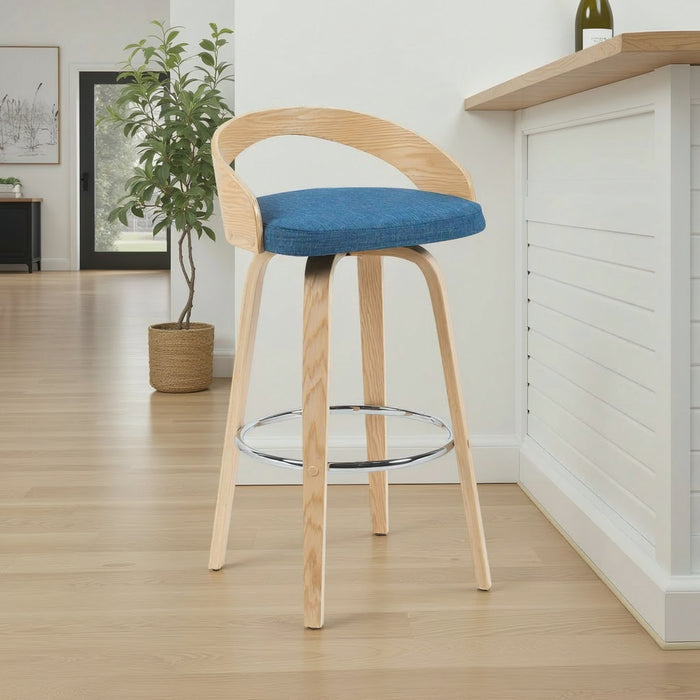 Sonia Modern Swivel Bar Height Stool with Blue Upholstered Seat and Patterned Oak Wood Finish