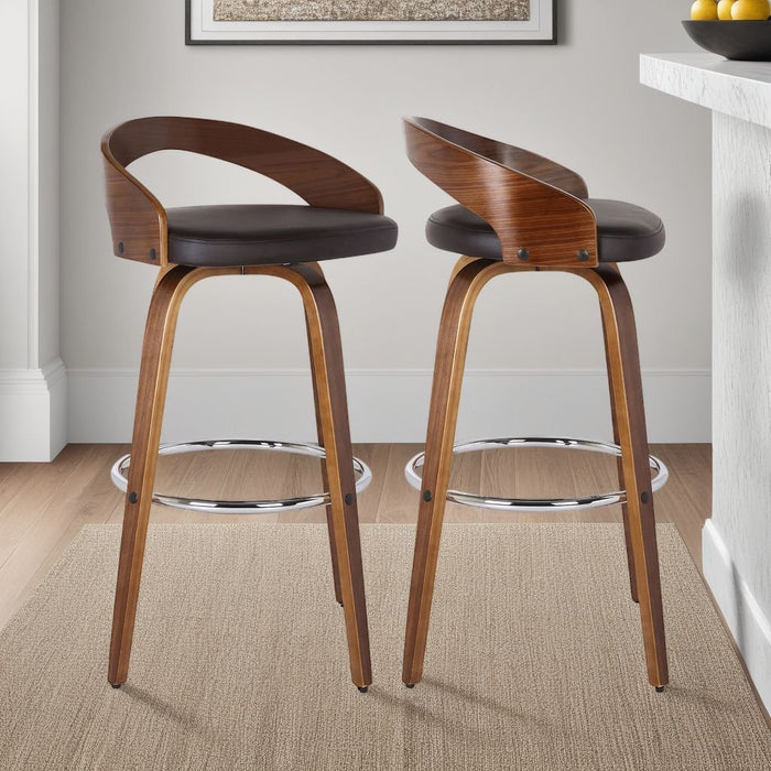 Sonia 26" Counter Height Swivel Brown Faux Leather and Walnut Wood Bar Stool