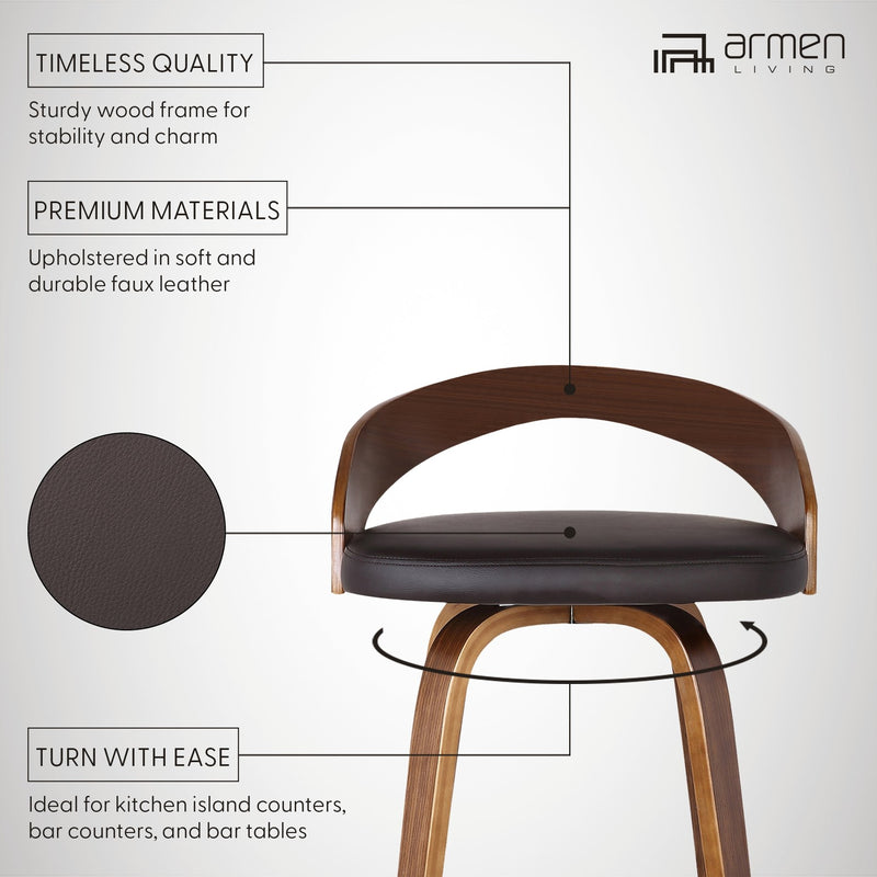 Sonia 26" Counter Height Swivel Brown Faux Leather and Walnut Wood Bar Stool - Furniture City (CA)l