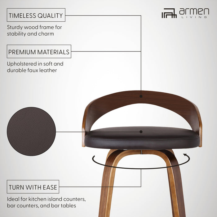 Sonia 26" Counter Height Swivel Brown Faux Leather and Walnut Wood Bar Stool