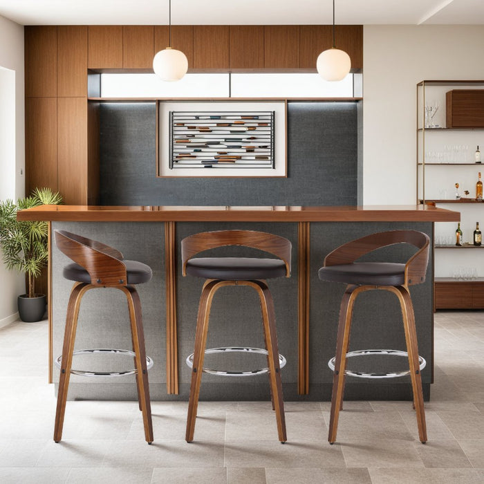 Sonia 30" Bar Height Swivel Brown Faux Leather and Walnut Wood Bar Stool