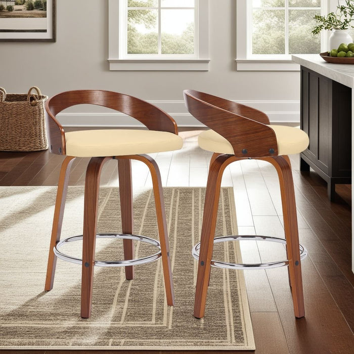 Sonia 26" Counter Height Swivel Cream Faux Leather and Walnut Wood Bar Stool