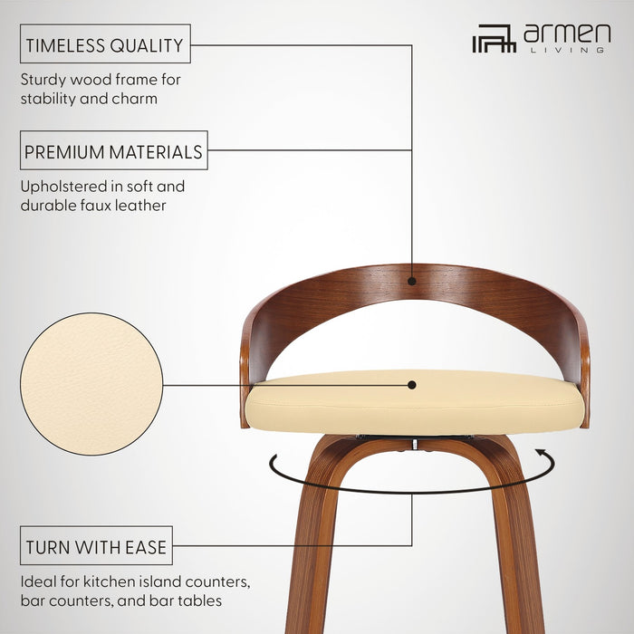 Sonia 30" Bar Height Swivel Cream Faux Leather and Walnut Wood Bar Stool