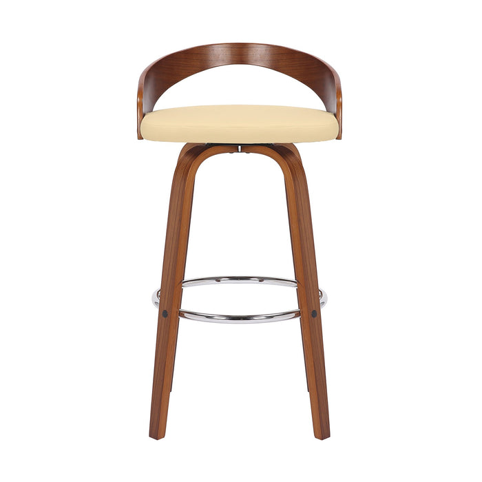 Sonia 30" Bar Height Swivel Cream Faux Leather and Walnut Wood Bar Stool