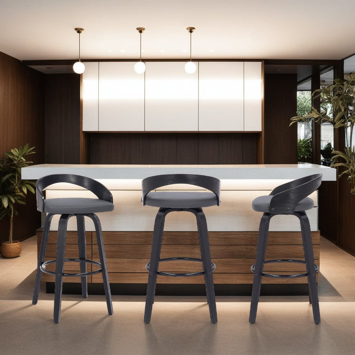 Sonia 30" Bar Height Swivel Gray Faux Leather and Black Wood Bar Stool