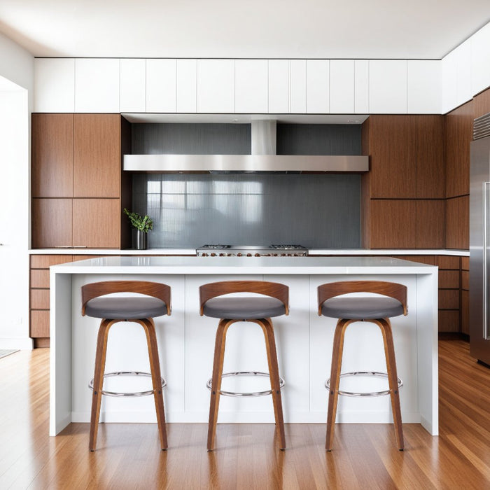 Sonia 26" Counter Height Swivel Gray Faux Leather and Walnut Wood Bar Stool