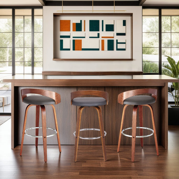 Sonia 30" Bar Height Swivel Gray Faux Leather and Walnut Wood Bar Stool