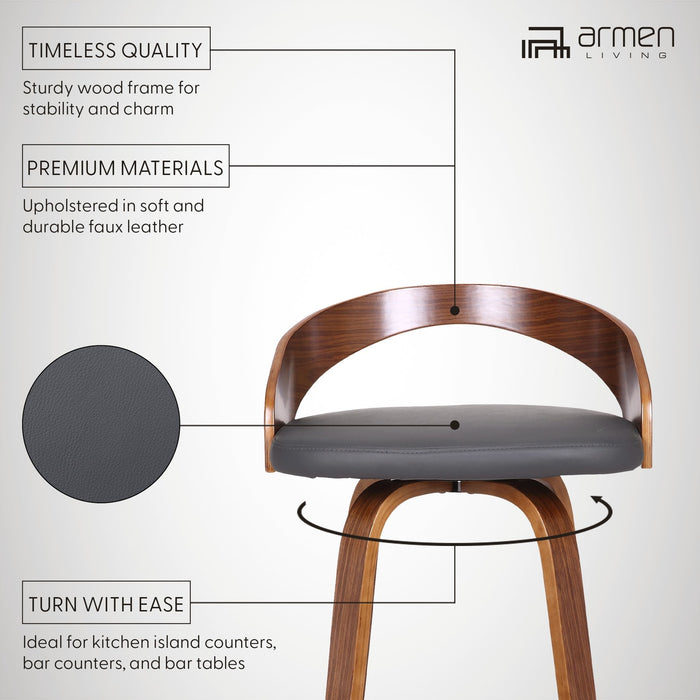 Sonia 30" Bar Height Swivel Gray Faux Leather and Walnut Wood Bar Stool
