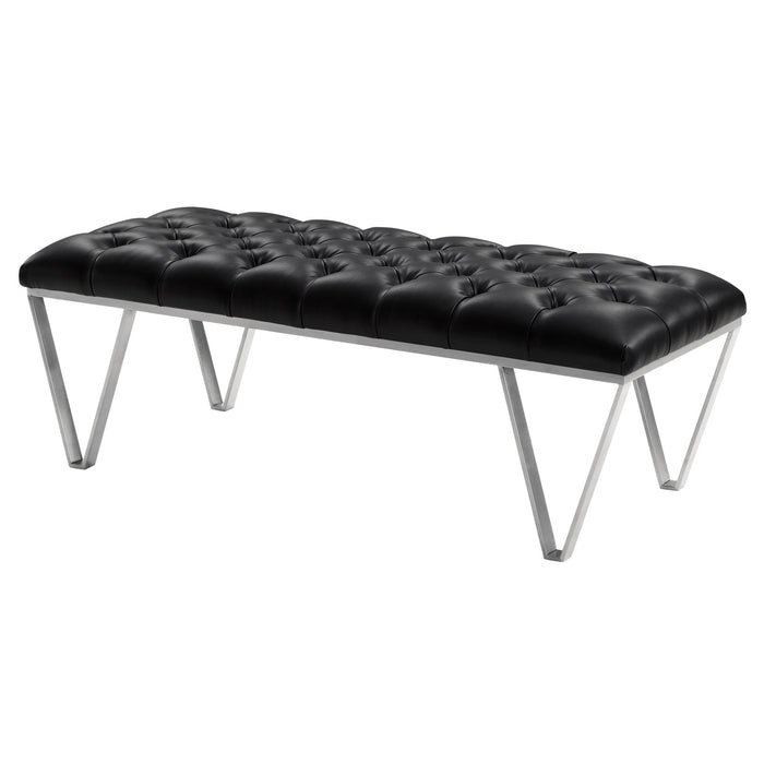 Serene Contemporary Tufted Bench in Brushed Stainless Steel with Black Faux Leather