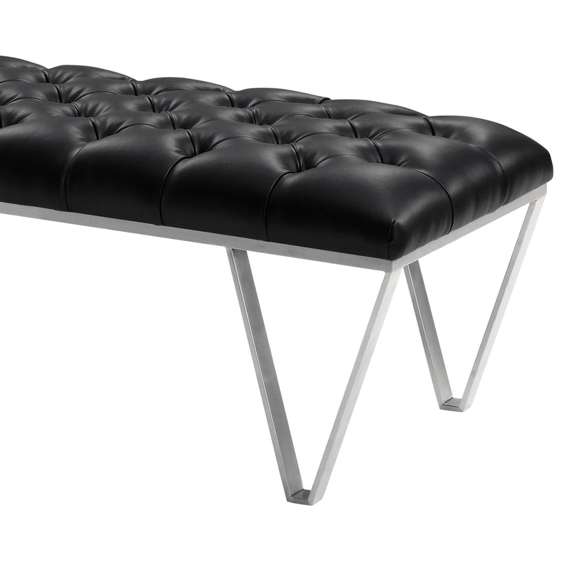 Serene Contemporary Tufted Bench in Brushed Stainless Steel with Black Faux Leather - Furniture City (CA)l