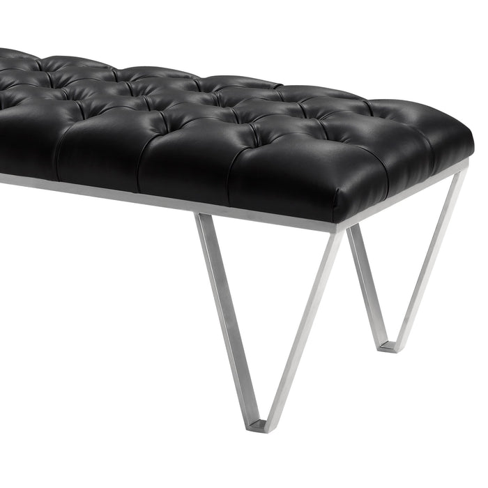 Serene Contemporary Tufted Bench in Brushed Stainless Steel with Black Faux Leather