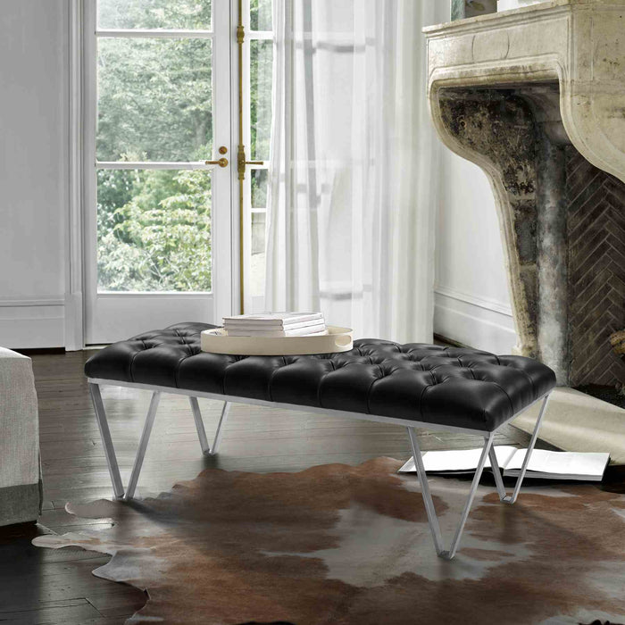 Serene Contemporary Tufted Bench in Brushed Stainless Steel with Black Faux Leather