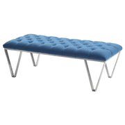 Serene Contemporary Tufted Bench in Brushed Stainless Steel with Blue Fabric - Furniture City (CA)l