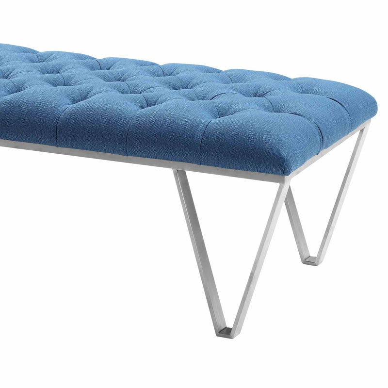 Serene Contemporary Tufted Bench in Brushed Stainless Steel with Blue Fabric - Furniture City (CA)l