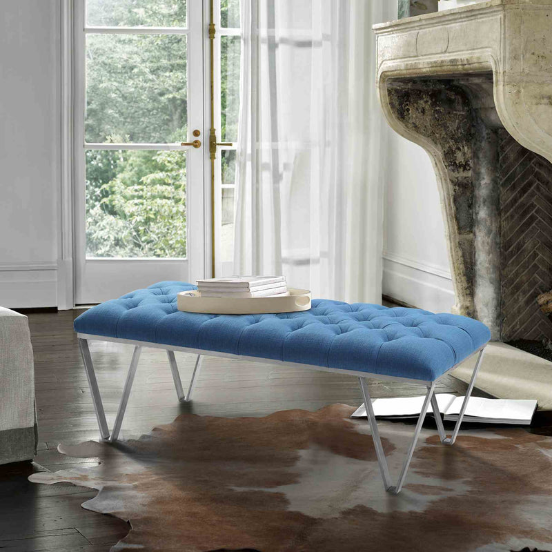 Serene Contemporary Tufted Bench in Brushed Stainless Steel with Blue Fabric - Furniture City (CA)l