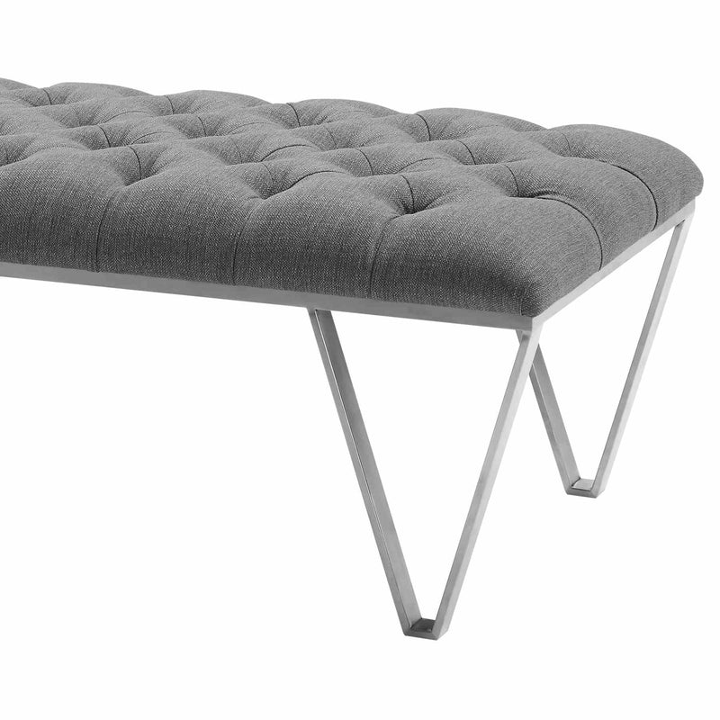 Serene Contemporary Bench in Brushed Stainless Steel with Gray Fabric - Furniture City (CA)l
