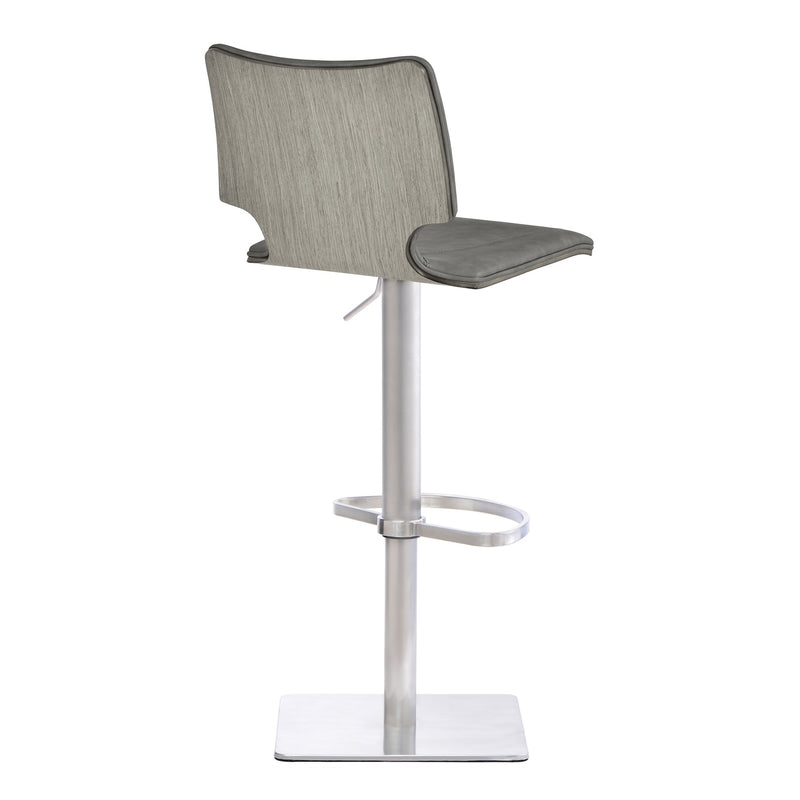 Sydney Adjustable Barstool in Brushed Stainless Steel with Vintage Gray Faux Leather and Gray Walnut Wood Back - Furniture City (CA)l