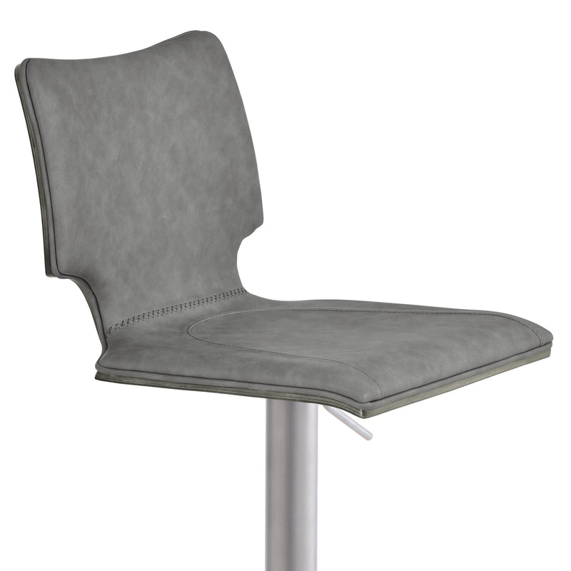 Sydney Adjustable Barstool in Brushed Stainless Steel with Vintage Gray Faux Leather and Gray Walnut Wood Back - Furniture City (CA)l