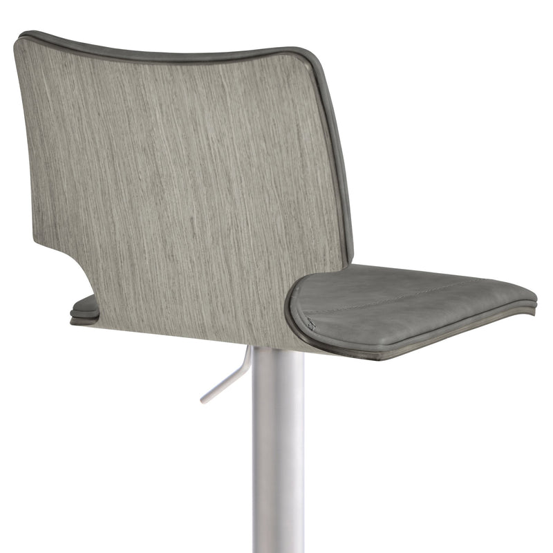 Sydney Adjustable Barstool in Brushed Stainless Steel with Vintage Gray Faux Leather and Gray Walnut Wood Back - Furniture City (CA)l
