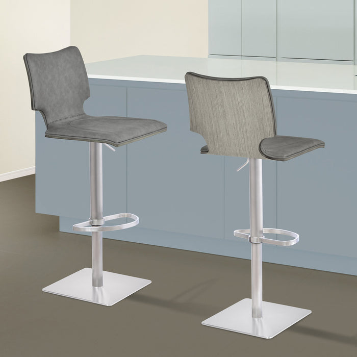 Sydney Adjustable Barstool in Brushed Stainless Steel with Vintage Gray Faux Leather and Gray Walnut Wood Back