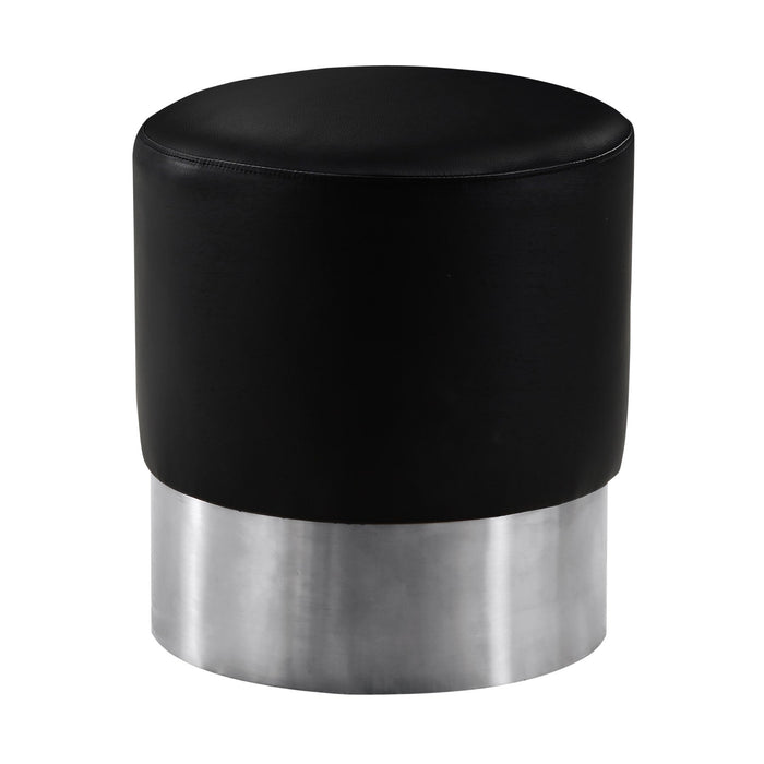 Tabitha Contemporary Round Ottoman in Brushed Stainless Steel with Black Faux Leather