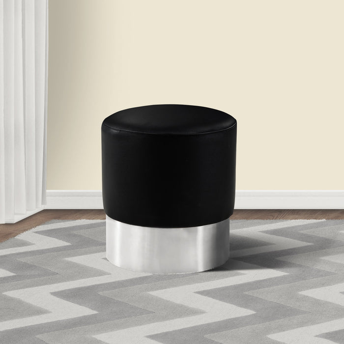 Tabitha Contemporary Round Ottoman in Brushed Stainless Steel with Black Faux Leather