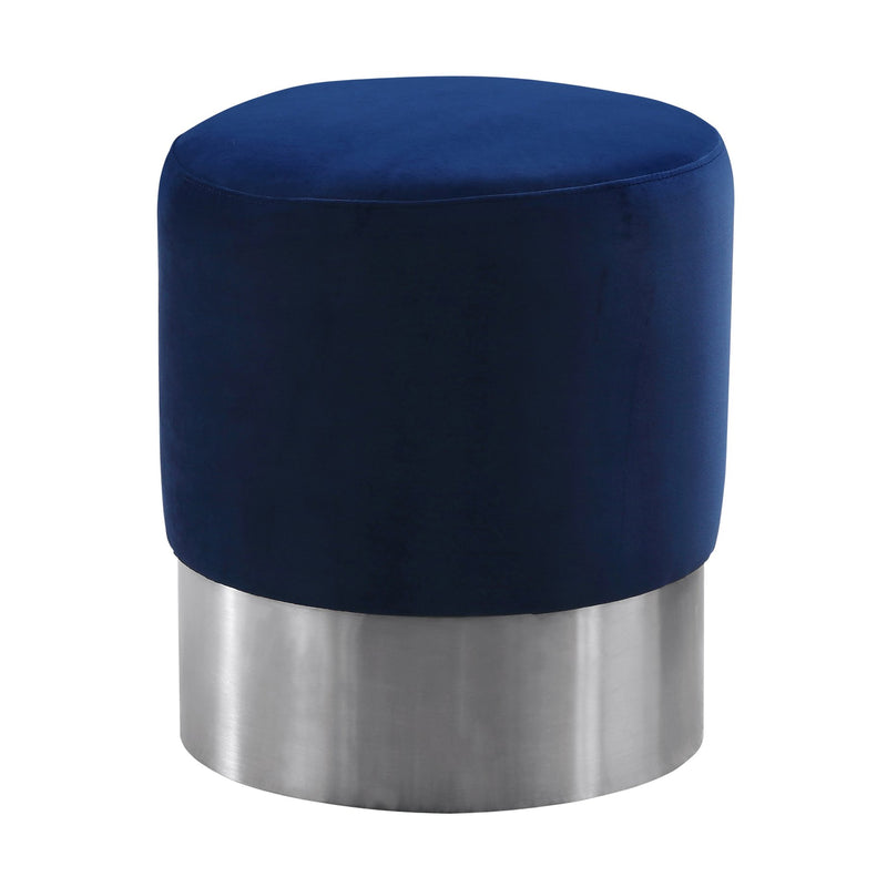 Tabitha Contemporary Round Ottoman in Brushed Stainless Steel with Blue Velvet - Furniture City (CA)l