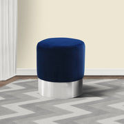 Tabitha Contemporary Round Ottoman in Brushed Stainless Steel with Blue Velvet - Furniture City (CA)l