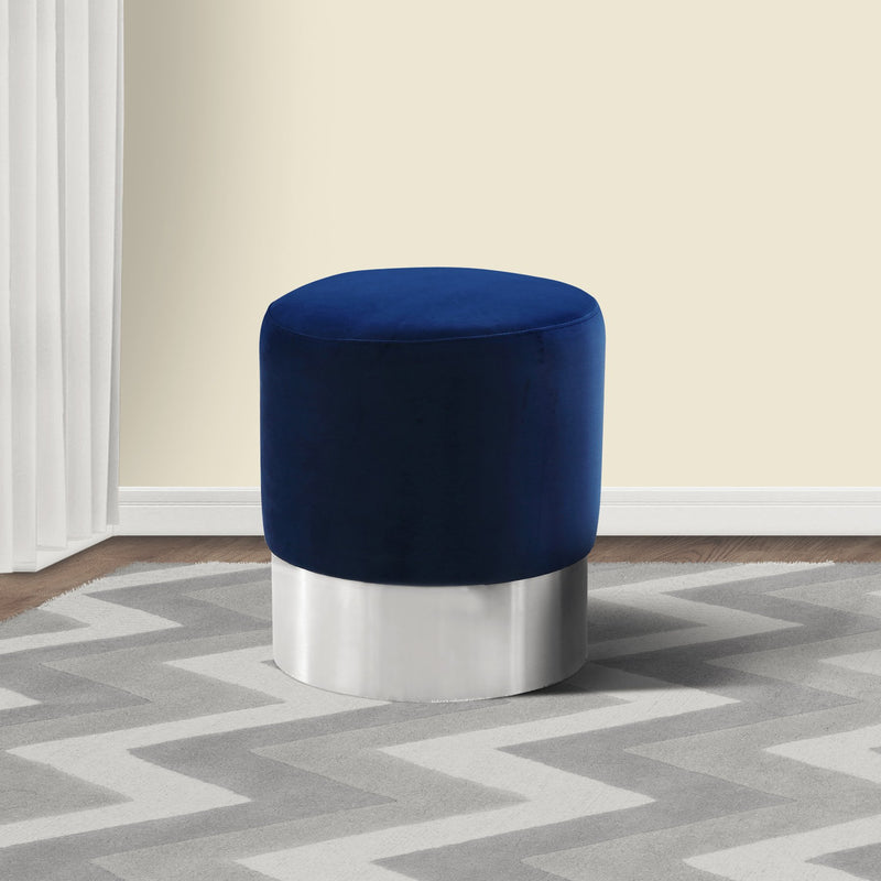 Tabitha Contemporary Round Ottoman in Brushed Stainless Steel with Blue Velvet - Furniture City (CA)l