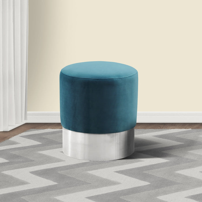 Tabitha Contemporary Round Ottoman in Brushed Stainless Steel with Green Velvet
