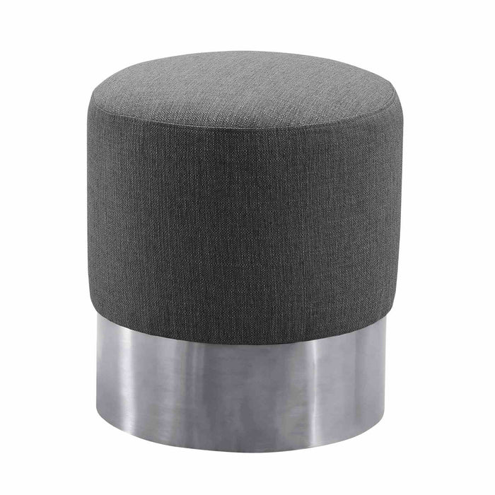 Tabitha Contemporary Round Ottoman in Brushed Stainless Steel with Gray Fabric