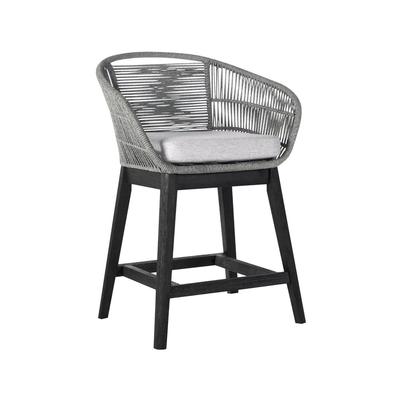 Tutti Frutti Indoor Outdoor Counter Height Bar Stool in Black Brushed Eucalyptus Wood with Gray Rope - Furniture City (CA)l