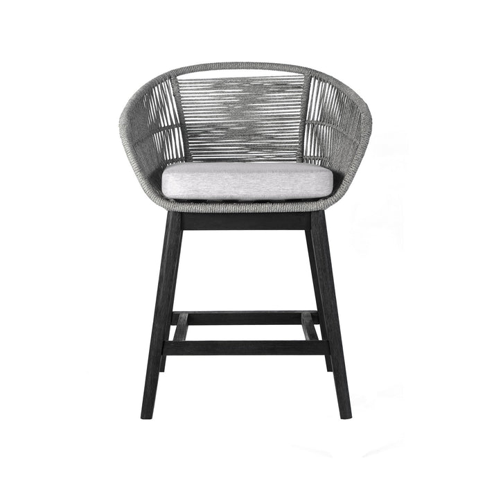 Tutti Frutti Indoor Outdoor Counter Height Bar Stool in Black Brushed Eucalyptus Wood with Gray Rope